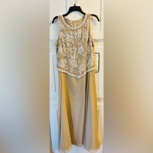 J Kara Size 12P Taupe Dress with White Embroidery
